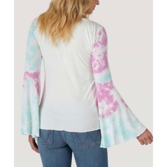 Wrangler Groovy Retro Ribbed Tie-Dye Scoop Neck Bell-Sleeve Top Sz. Small - Picture 2 of 9